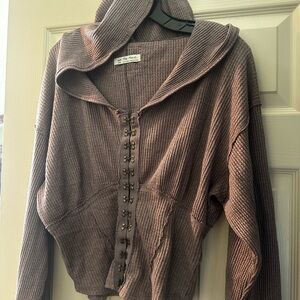 Free People Brown Ribbed Hoodie Top